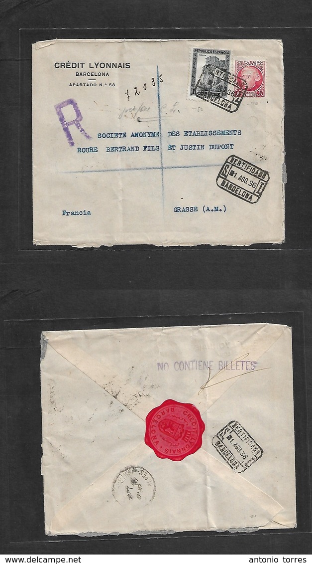 E-Perforados. 1936 (1 Ago) Barcelona - France. VL Perforado Sobre Certificado Tarifa 1,30 Pts. Censor Dorso. MB. - Other & Unclassified