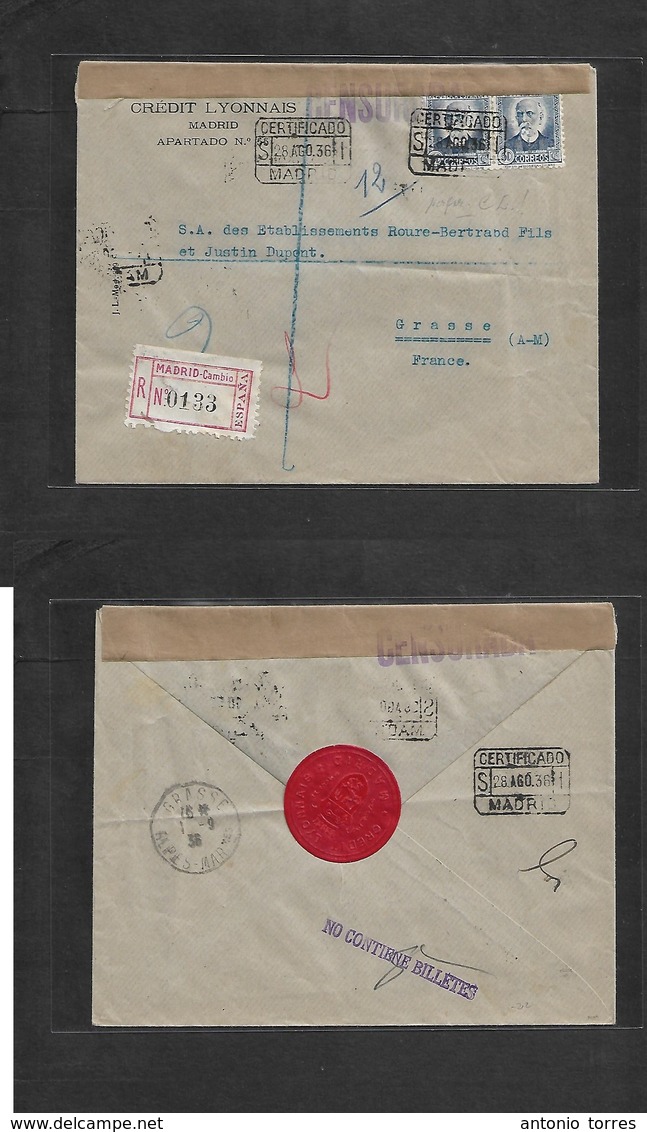 E-Perforados. 1936 (28 Ago) Madrid - France, Grassee (1 Sept) Perforardos CL. Sobre Certificado 50 Cts Azul Salneas (x2) - Andere & Zonder Classificatie