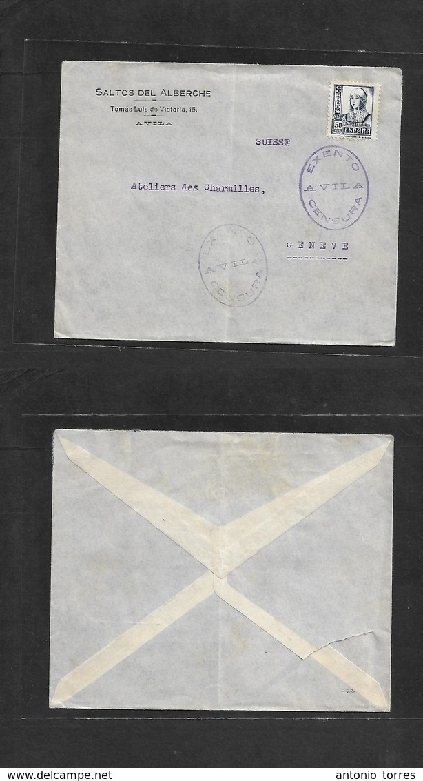 E-Estado Español. C. 1937. Avila - Suiza, Ginebra "Exento De Censura" Saltos Del Alberche. Sobre Con Franqueo 50cts. MB. - Otros & Sin Clasificación