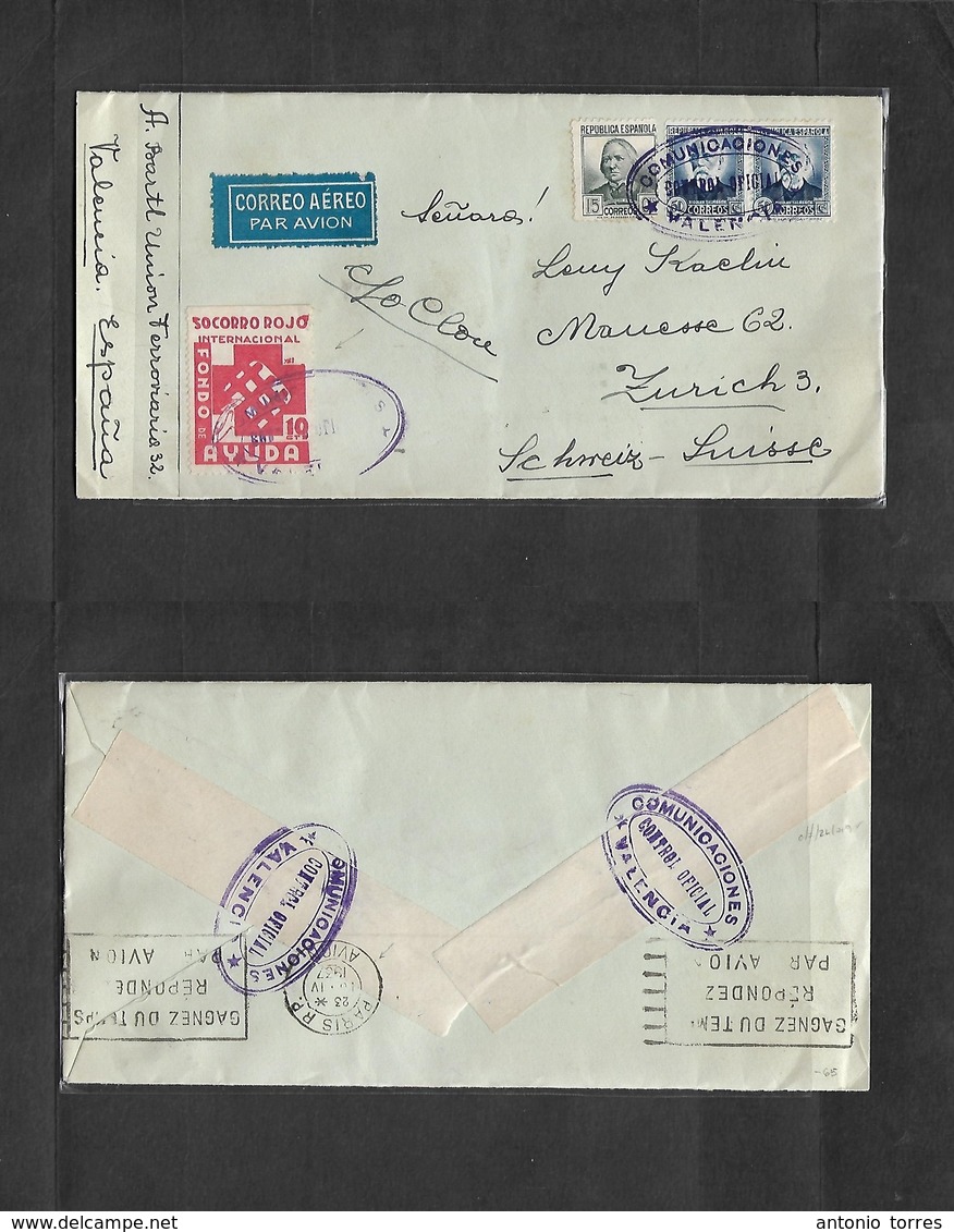 E-Guerra Civil. 1937 (Abril) Valencia - Suiza, Zurich. Sobre Franqueo Multiple Mat. Censor Y Fondo Ayuda 50 Como Rojo In - Other & Unclassified