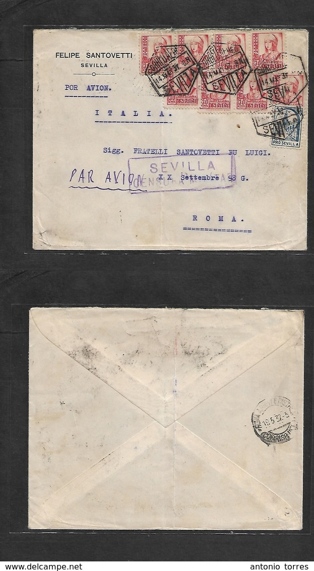 E-Estado Español. 1937 (14 May) Sevilla - Italia, Roma. Sobre Franqueo Multiple Y Censura. Via Aerea. - Other & Unclassified