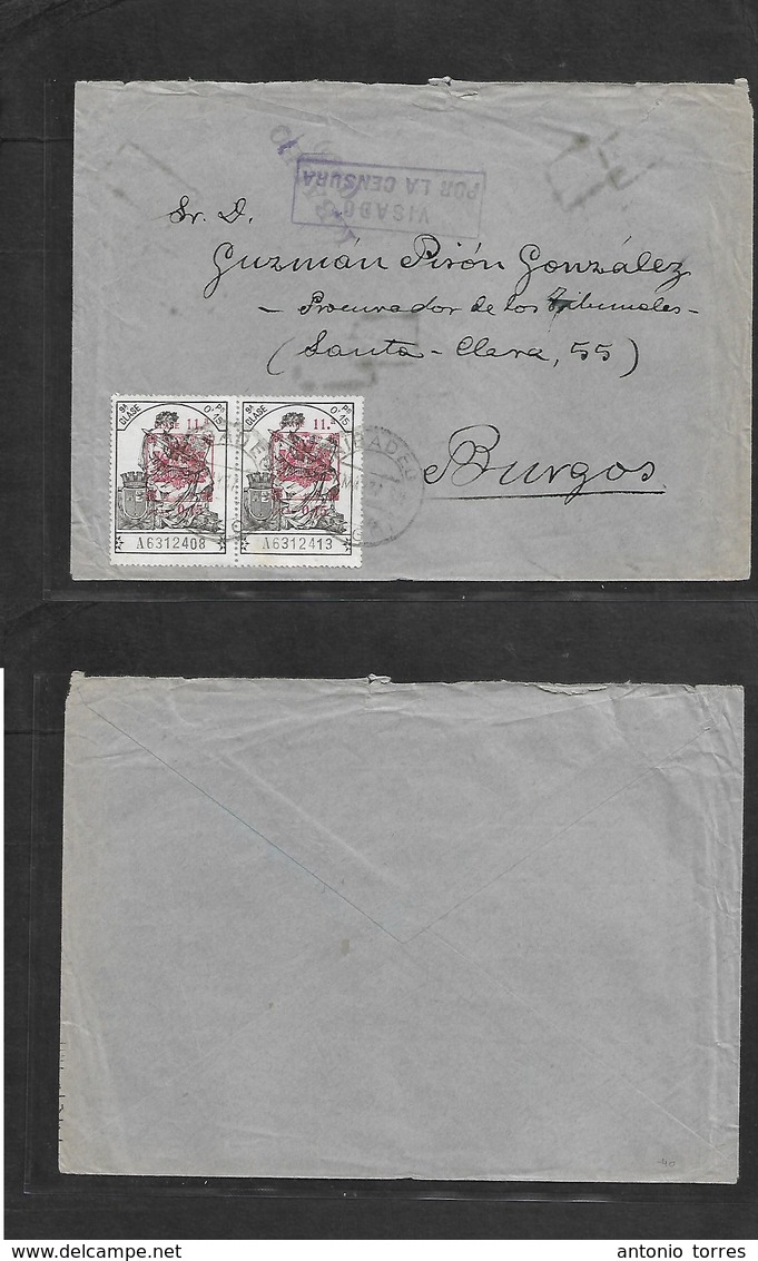 E-Estado Español. 1937 (17 Mayo) Rivadeo, Lugo - Burgos. Franqueo Provisional Polizas Sobrecargadas 0,15 Pta (x2) Y Marc - Otros & Sin Clasificación