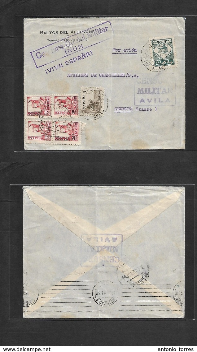 E-Estado Español. 1937 (6 Junio) Avila - Suiza, Ginebra. Sobre Franqueo Multiple Y Local Con Censura De Salida Transita  - Other & Unclassified