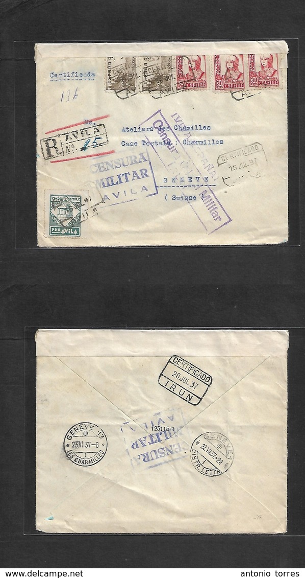 E-Estado Español.  1937 (16 Julio) Avila - Suiza, Ginebra (22 Julio) Sobre Franqueo Multiple Y Local Con Censura Salida, - Other & Unclassified