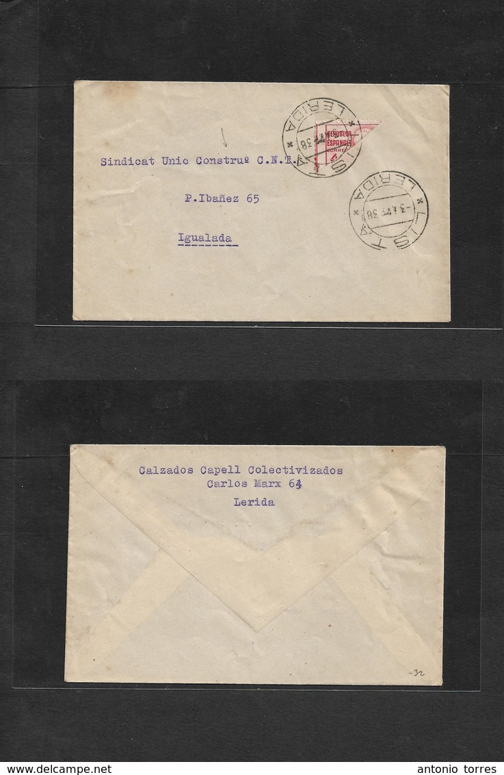 E-Guerra Civil. 1938 (3 April) Lerida - Igualada. Bando Republicano. Circulada Con Sello Bisectado Pablo Iglesias Dirigi - Andere & Zonder Classificatie