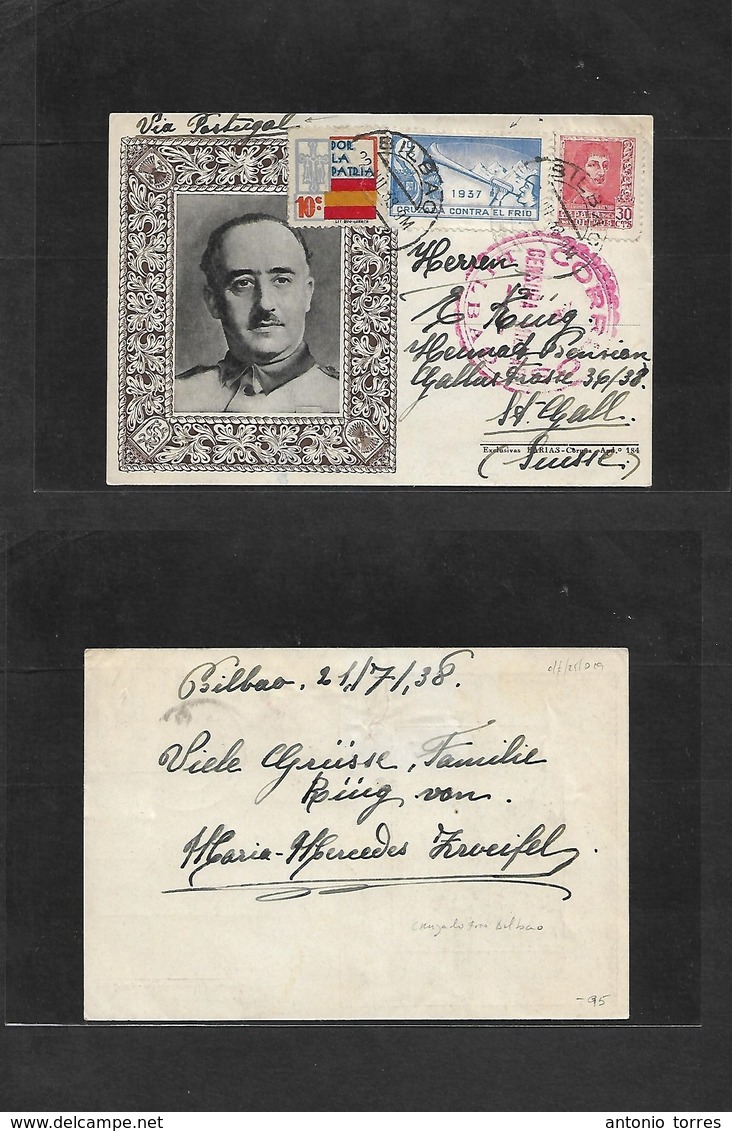 E-Estado Español. 1938 (22 Julio) Bilbao - Suiza, St. Galen. Via Portugal. Tarjeta Ilustrado Franco Con Sello Fernando E - Otros & Sin Clasificación