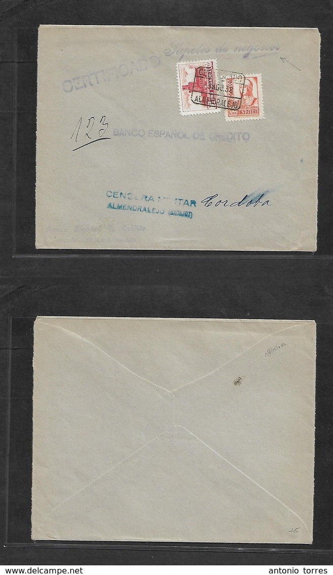 E-Estado Español. 1938 (3 Aug) Almendralejo, Badajoz - Cordoba. Sobre Certificado Con Local Y Censura De Esta Poblacion. - Otros & Sin Clasificación