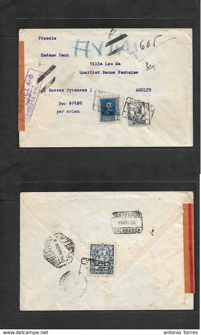 E-Estado Español. 1938 (18 Aug) Sevilla - Francia, Anglet. Sobre Certificado Via Aerea, Local Al Dorso Y Censura. - Autres & Non Classés