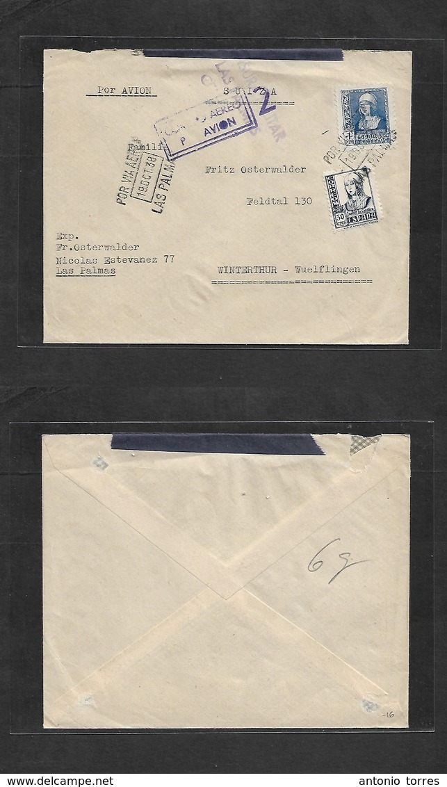 E-Estado Español. 1938 (19 Oct) Las Palmas - Suiza, Winterthur. Sobre Con Franqueo Y Censura Y Mas Avion Las Palmas. Bon - Other & Unclassified