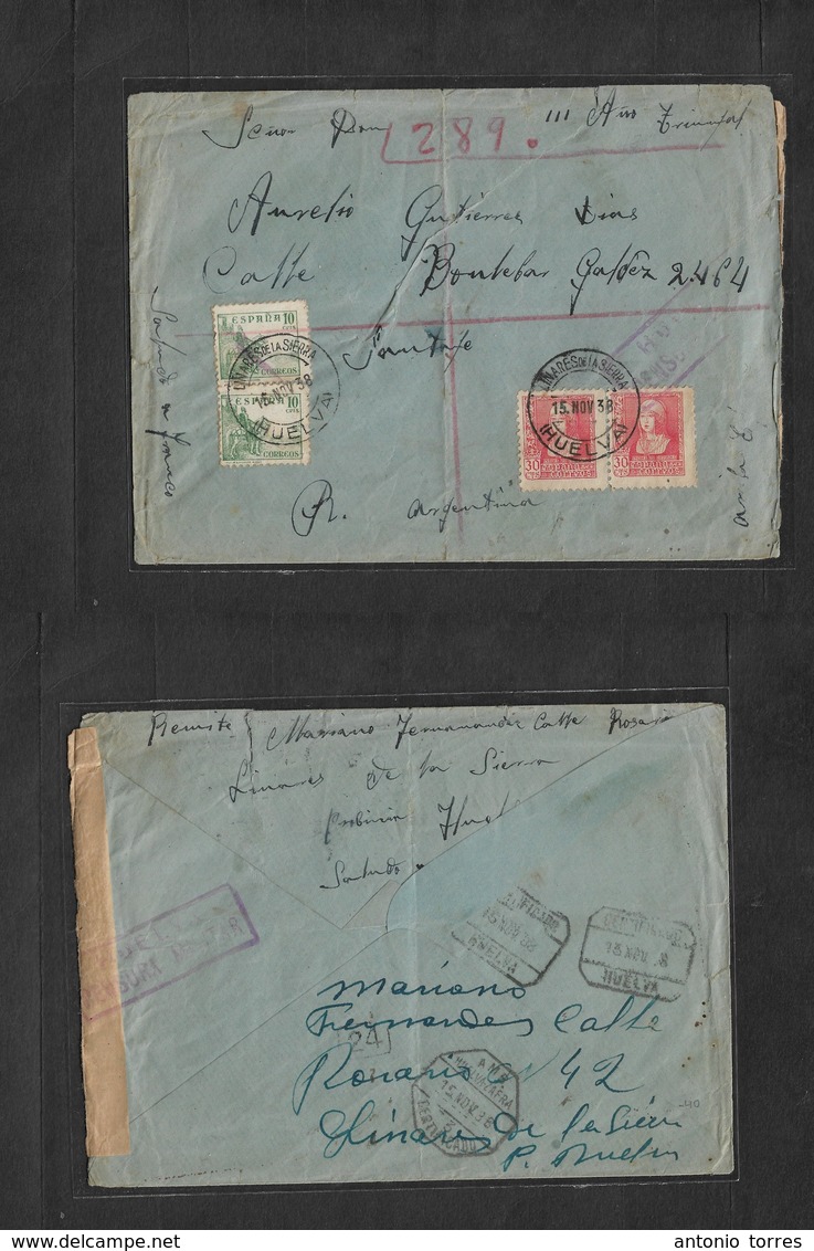 E-Provincias. 1938 (15 Nov) HUELVA, Linares De La Sierra - Argentina, Santa Fe. Sobre Certificado Y Censura Huelva Franq - Andere & Zonder Classificatie