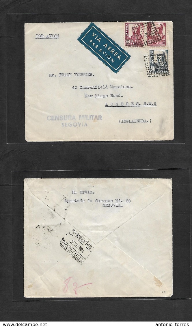 E-Estado Español. 1938 (Dic) Segovia - Gran Bretaña, Londres Via Salamanca (1 Dec) Sobre Franqueo Multiple Via Aerea Y C - Autres & Non Classés