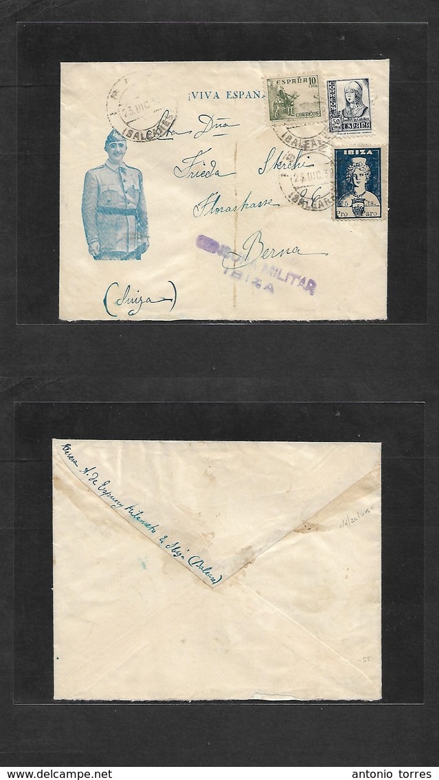 E-Estado Español. 1938 (23 Dec) Ibiza, Baleares - Suiza, Berna. Sobre Ilustrado Franco Con Local Pro Paro 5 Cts Azul Y E - Other & Unclassified