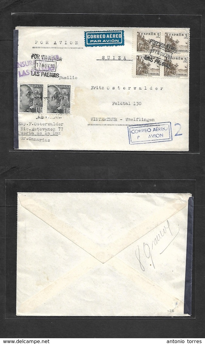 E-Estado Español. 1939 (17 Nov) Las Palmas - Suiza, Winterthur. Sobre Cirulado Via Aerea Mat Español. Bonita Tarifa 2,20 - Other & Unclassified