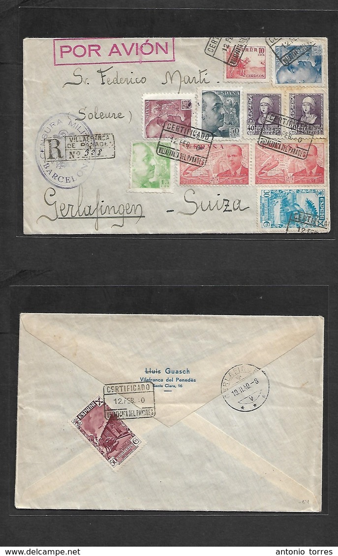 E-Estado Español. 1940 (12 Feb) Villatranca Del Panades, Gerona - Suiza, Gerlafingen (19 Febr) Sobre Certificado Y Via A - Otros & Sin Clasificación