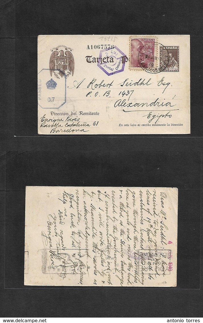 E-Enteros Postales. 1940 (24 June) Barcelona - Egypt, Alexandrie (31) EP Cervantes 20c Marron + Sello Adicional. Censura - Andere & Zonder Classificatie