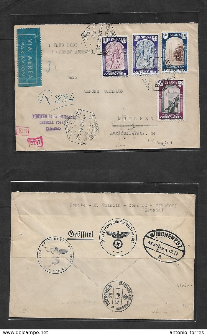 E-Estado Español. 1940 (15 Aug) Zaragoza - Alemania, Munich (20 Ago) Sobre Certificado Via Aerea Y Censura Con Franqueo  - Other & Unclassified
