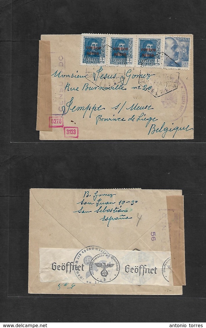 E-Estado Español. 1940 (28 Dic) San Sebastian - Belgica, Liege Via Aerea Tarifa 3,70 Pts. Sobre Franqueo Multiple Y Cens - Other & Unclassified