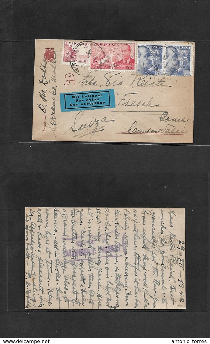 E-Correo Aereo. 1942 (29 Dic) Madrid - Suiza, Fiesch. Muy Rara Tarjeta Circulada En Periodo Clave De WWII Por A Aerea Co - Other & Unclassified