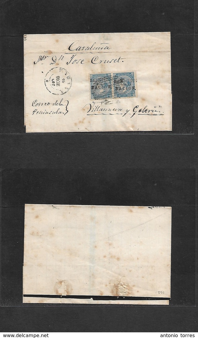 Cuba. 1868 (15 Dec) HPN. Habana - Peninsula, Villanueva Y Geltru. E Franqueo Pareja 10c Azul 1868 Con Sobrec. Habilitado - Autres & Non Classés