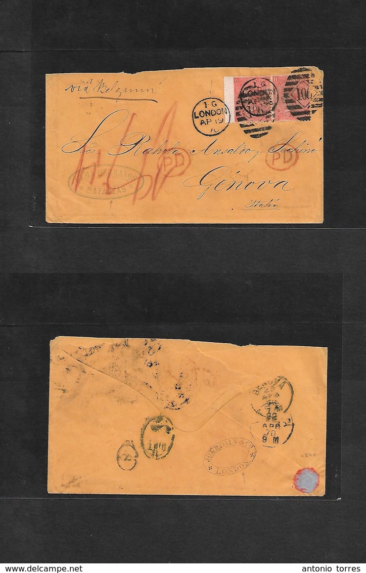 Cuba. 1870 (March - Apr) Matanzas - London - Belgium - Prusia - Italy, Genova (22-23 April) Stampless Envelope Carried T - Autres & Non Classés