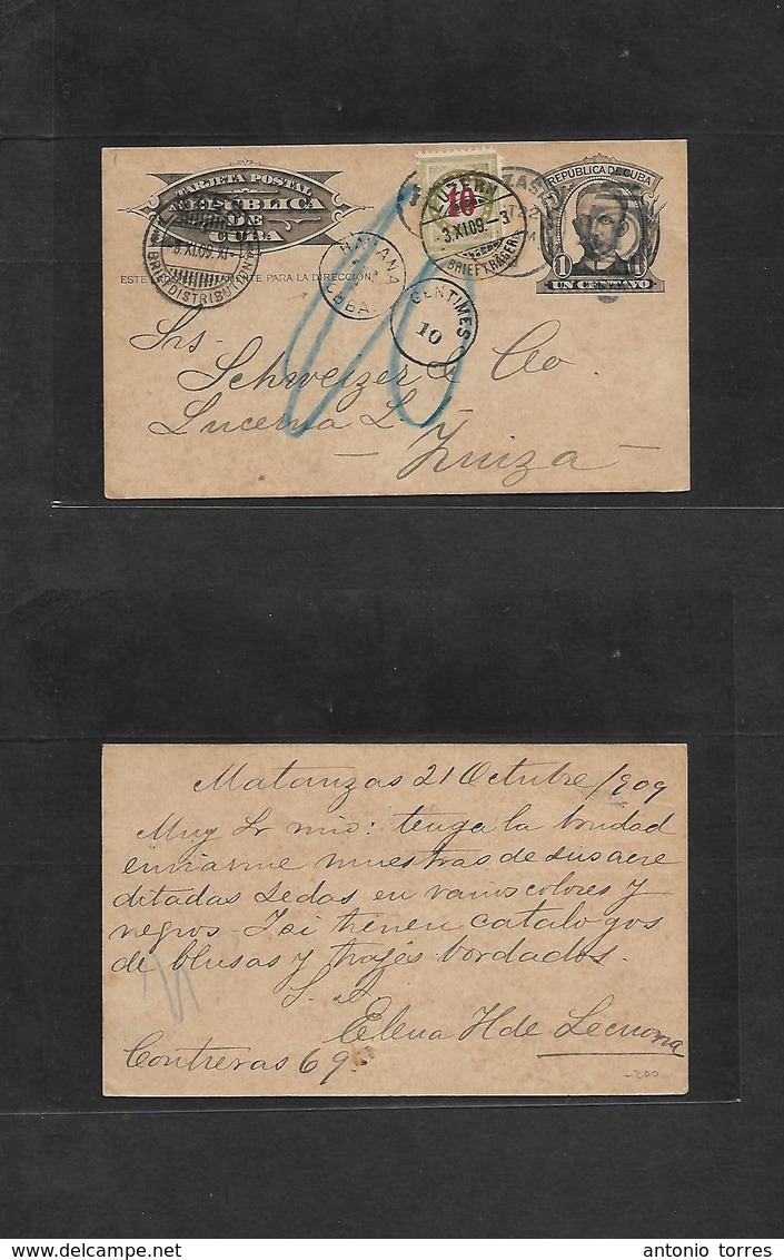 Cuba - Stationery. 1909 (21 Oct) Matanzas - Suiza, Luzern (3 Nov) Entero Postal 1c, Tasado Y Swiss Postage Due 10c Green - Autres & Non Classés
