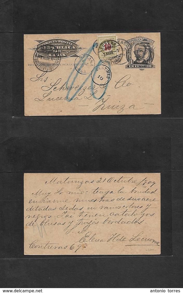 Cuba - Stationery. 1909 (21 Oct) Matanzas - Suiza, Luzern (3 Nov) Entero Postal 1c, Tasado Y Swiss Postage Due 10c Green - Andere & Zonder Classificatie