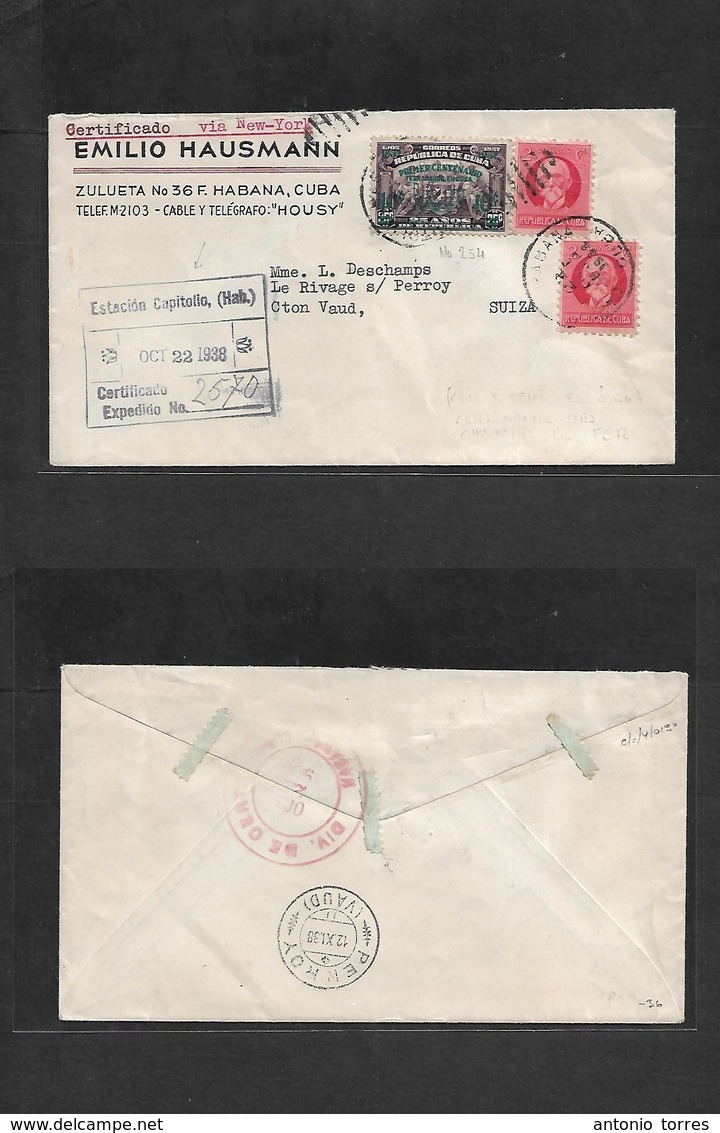 Cuba. 1938 (22 Oct) Habana - Switzerland, Vand. Registered Multifkd Envelope, Incl Ferrocarril 1er Cart. R- Cachet. Esta - Andere & Zonder Classificatie
