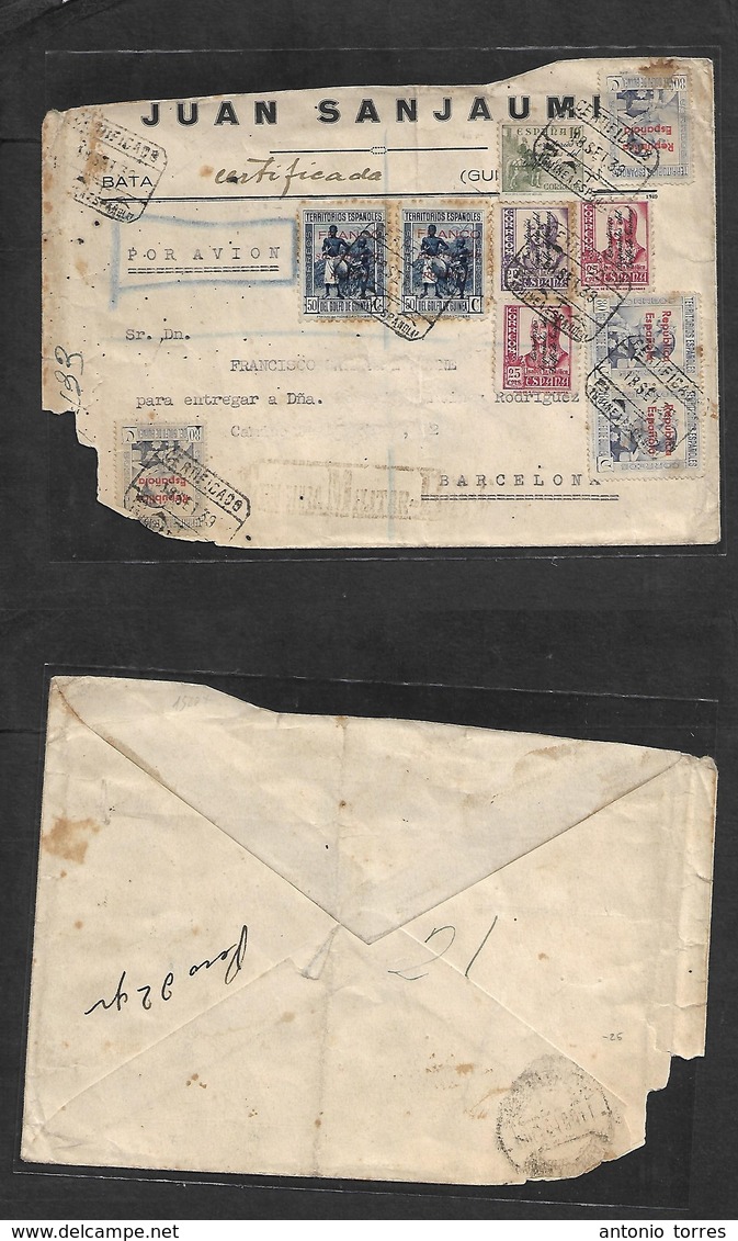 E-Guinea. 1939 (18 Sept) Bata - Barcelona. Sobre Franqueo Multiple Certificado Con Tres Tipos De Sobrecarga Diferente. V - Andere & Zonder Classificatie