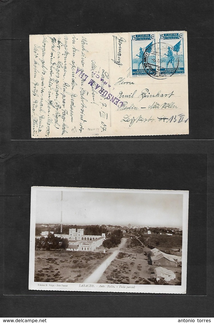 Marruecos. 1937 (7 Ago) Larache - Alemania, Berlin. TP Circulada. Alzamiento Tarifa 30c Y Censura Militar Con Interesant - Morocco (1956-...)