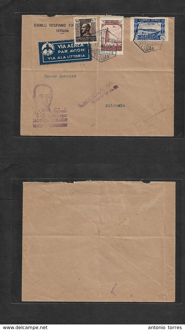 Marruecos. 1938 (17 Julio) Tetuan - Palencia. Sobre Franqueo Multiple Y Etiqueta Correo Area Linea Italiana "A La Vitori - Maroc (1956-...)