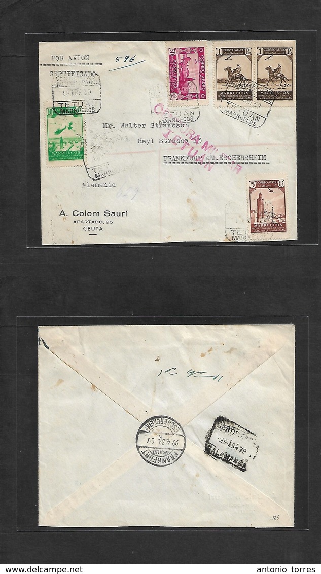 Marruecos. 1939 (18 Abril) Tetuan - Alemania, Franfurt (22 Abril) Sobre Certificado Franqueo Multiple Via Aerea. Muy Bon - Marokko (1956-...)