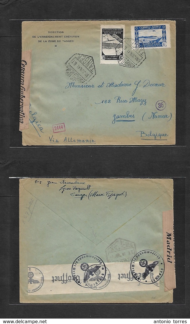 Marruecos. 1941 (30 Junio) Tanger - Belgica, Zambes. Sobre Comercial Tarifa 3,75 Pesetas Via Aerea Con Censuras Transito - Maroc (1956-...)