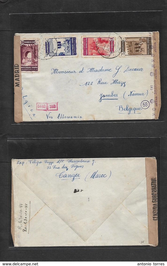 Marruecos. 1941 (7 Oct) Tanger - Belgica, Zambas (10 Oct) Sobre Franqueo Multiple. Una Censura Transito Madrid Y Nazi. B - Marokko (1956-...)