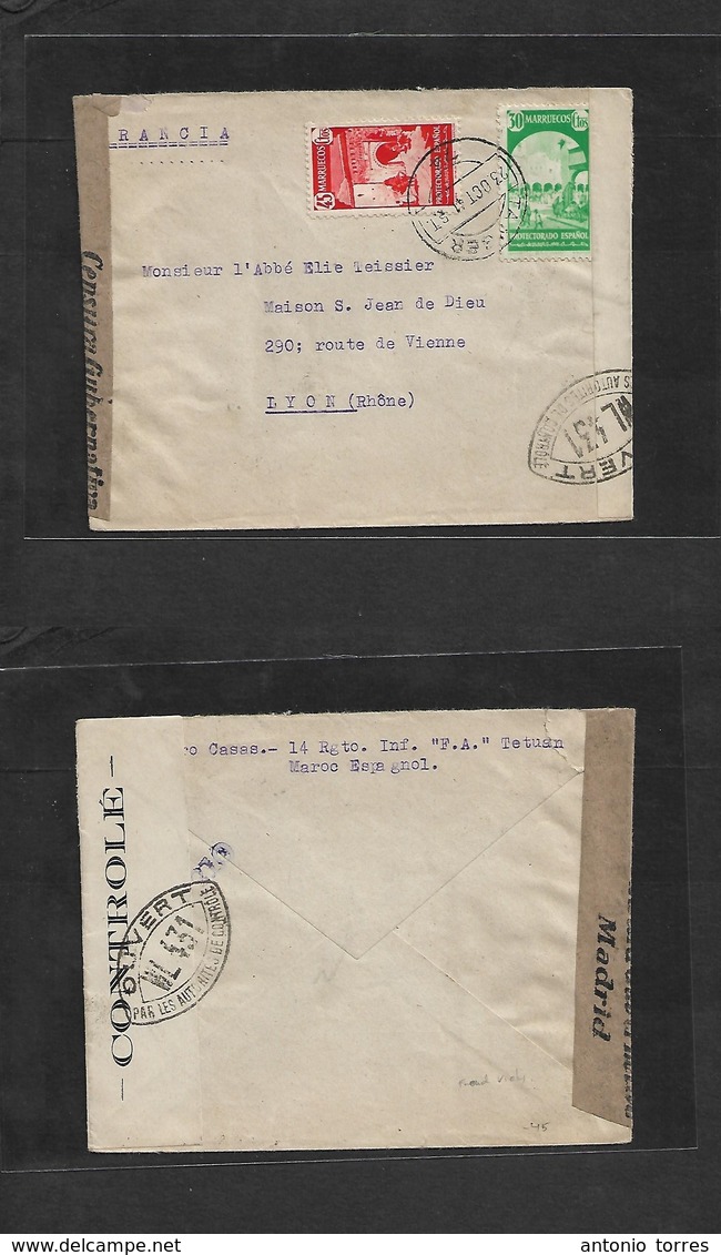 Marruecos. 1941 (23 Oct) Tanger - Lyon, France. Periodo Gobierno Vichy. Censura Transito Madrid Y De Llegada. Bonito Sob - Marokko (1956-...)