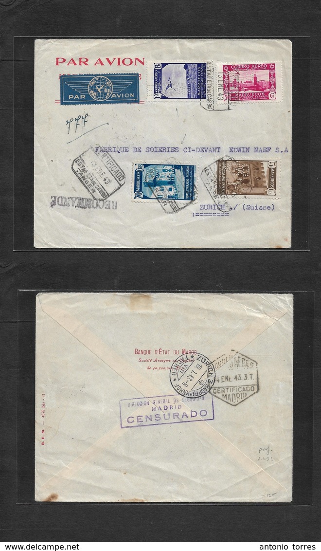 Marruecos. 1943 (13 Enero) Perforados BEM. Tetuan - Suiza, Zurich (19 Enero) Via Aerea. Censura Y Transito De Madrid. Mu - Marokko (1956-...)