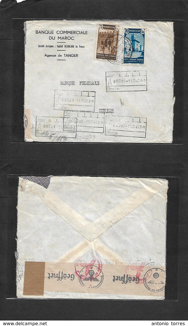 Marruecos. 1943 (30 Junio) Tanger - Suiza, Zurich (16 Junio) Via Correo Aleman, Censura Nazi + Transito Madrid. Tarifa 0 - Marokko (1956-...)