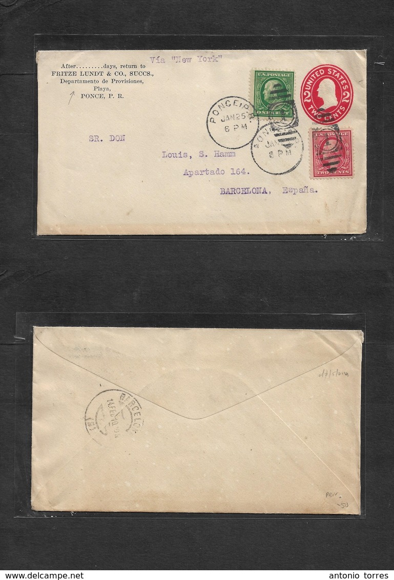 Puerto Rico. 1910 (25 Enero) Ponce - España, Barcelona (14 Febr) Sobre Entero Postal USA 2c Rojo + 2 Sellos Adtls. Impre - Puerto Rico