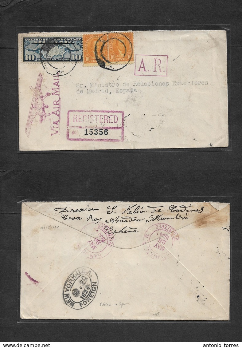 Puerto Rico. 1934 (28 May) San Juan - Madrid, Spain. Sobre Certificado. Air Via Aerea Con Cachet. Tarifa 0,30 $. Muy Bon - Puerto Rico