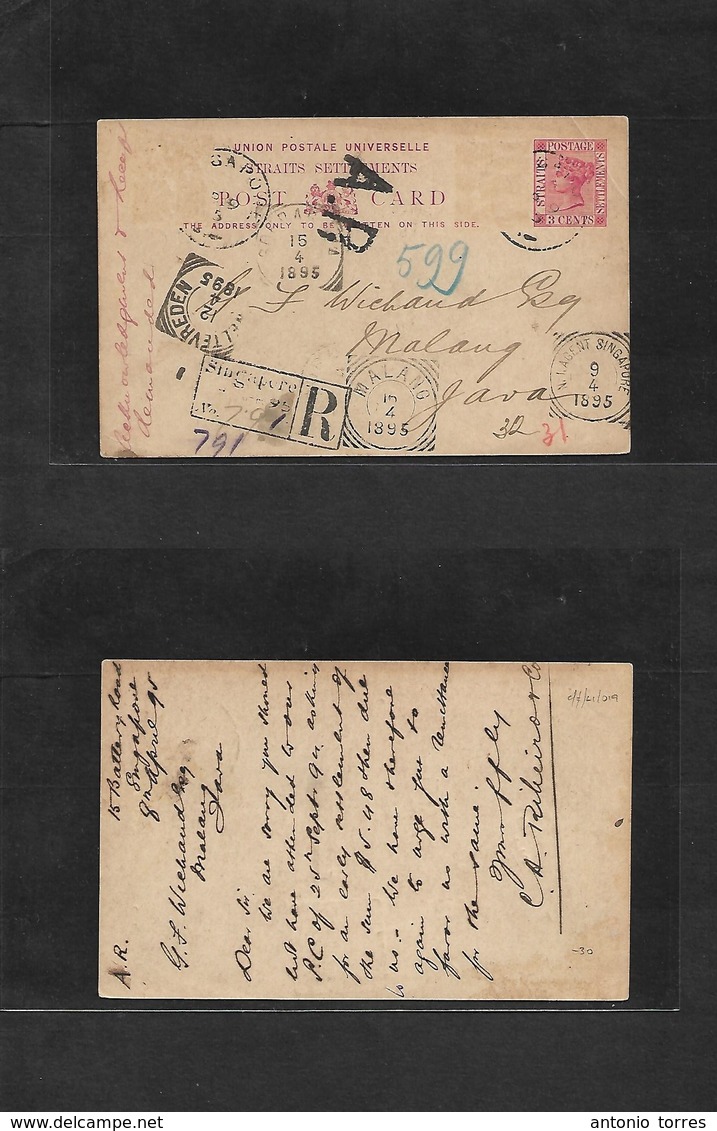 Straits Settlements Singapore. 1895 (Sept 9) Singapore - Java, Malang, Dutch Indies (9-16 April) Registered AR 3c Red St - Singapour (1959-...)