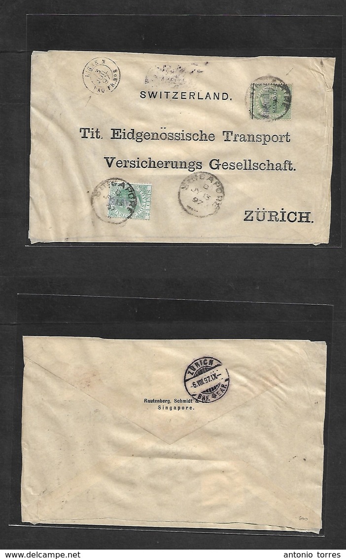 Straits Settlements Singapore. 1897 (13 July) Singapore - Zürich, Switzerland (6 Aug) Multifkd Envelope, Violet Cachet C - Singapore (1959-...)