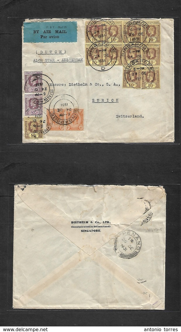 Straits Settlements Singapore. 1931 (24 Dec) Sing - Switzerland, Zurich. Air Dutch Alor Star Amsterdan. Multifkd Env 1,6 - Singapore (1959-...)