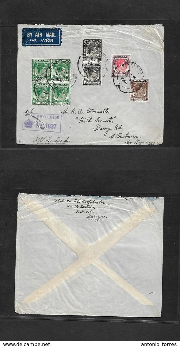 Straits Settlements Singapore. 1940 (18 Nov) Sing - North Ireland, Strabane, Tyrme. Air Censored Multifkd Env Incl 2c Bl - Singapur (1959-...)