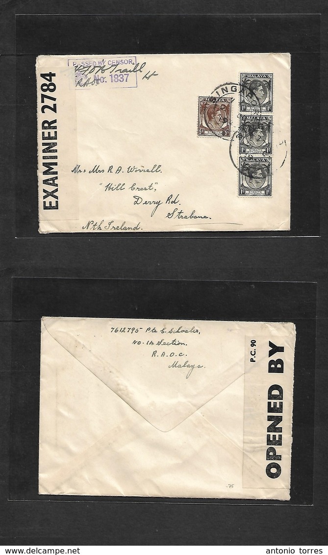 Straits Settlements Singapore. 1940 (21 Oct) Singapore - North Ireland, Strabane. Multifkd Env At 8c Rate. Military RAOC - Singapour (1959-...)