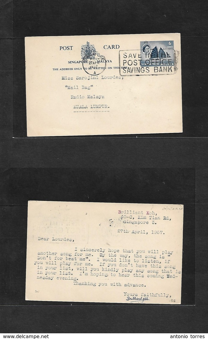 Straits Settlements Singapore. 1957 (27 April) Singapore - Kuala Lumpur. 6r Blue QEII. Junk Stat Card. Period Of Sing +  - Singapour (1959-...)