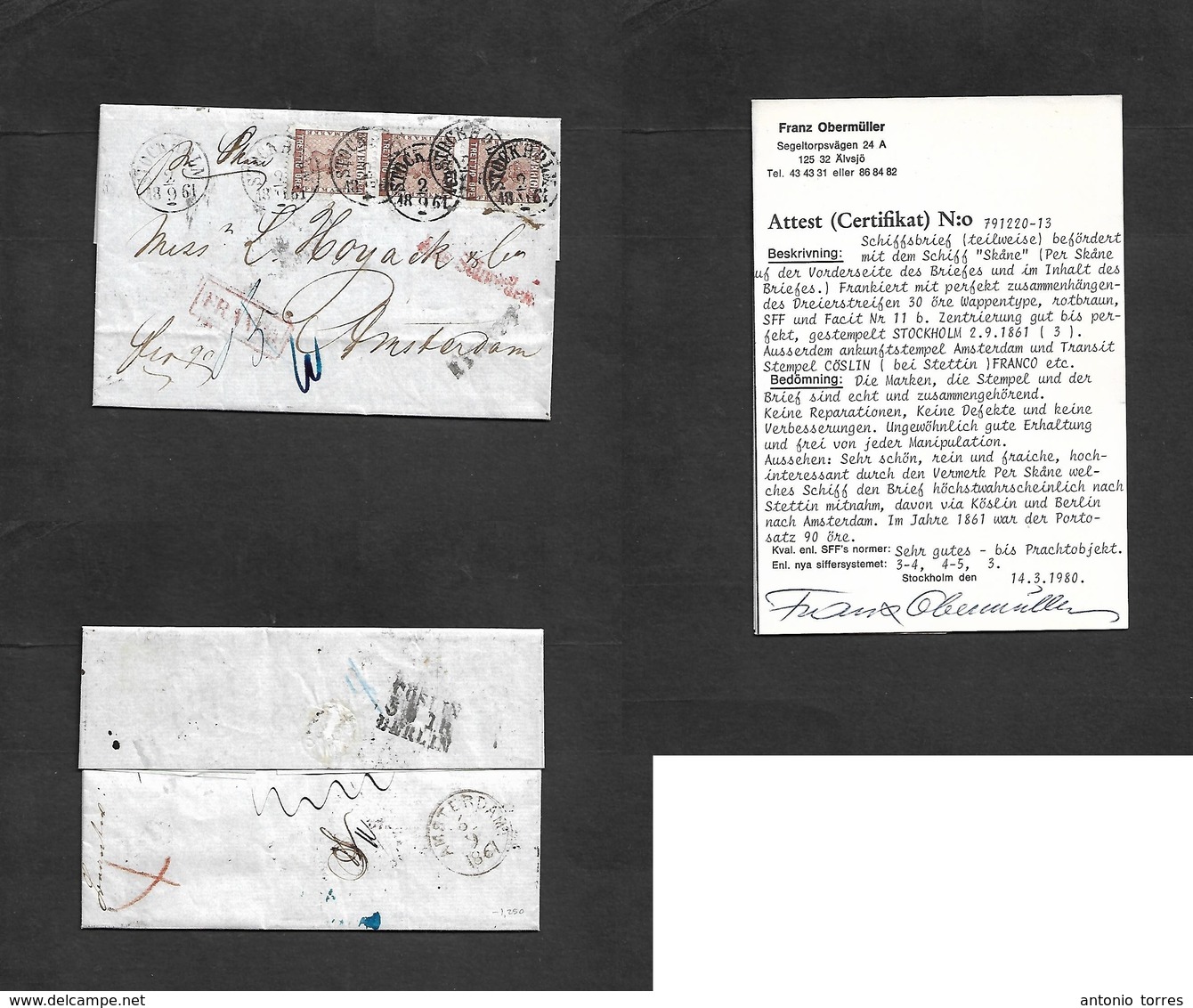 Sweden. 1861 (2 Sept) Stockholm - Amsterdam, Netherlands (6 Sept) EL Full Text Fkd 30 Ore Brown Vertical Strip Of Three, - Autres & Non Classés