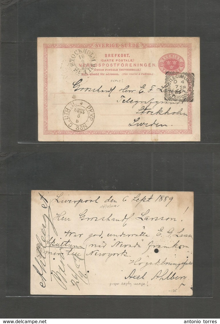 Sweden. 1889 (6 Sept) Reply Half Proper Usage Back. UK, Liverpool - Stockholm (10 Sept) Tio Ore Red Stat Card, Used Back - Autres & Non Classés