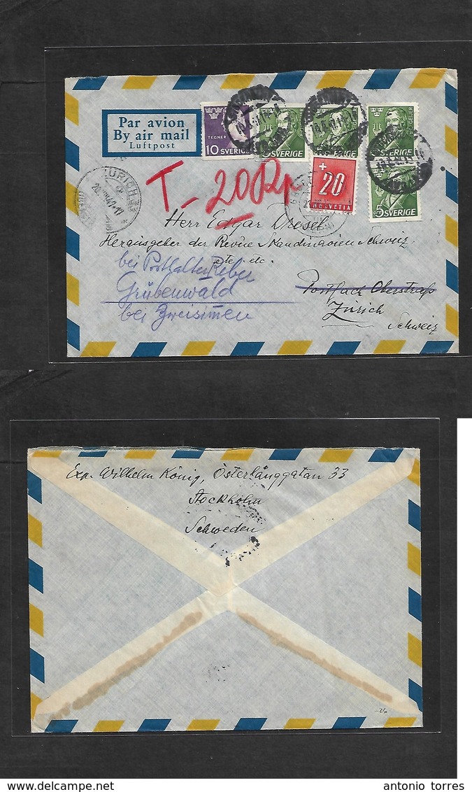 Sweden. 1947 (10 Aug) Stockholm - Switzerland, Zurich (21 Aug) Air Multifkd Env + Taxed + Swiss Postage Due 20c Red, Tie - Andere & Zonder Classificatie