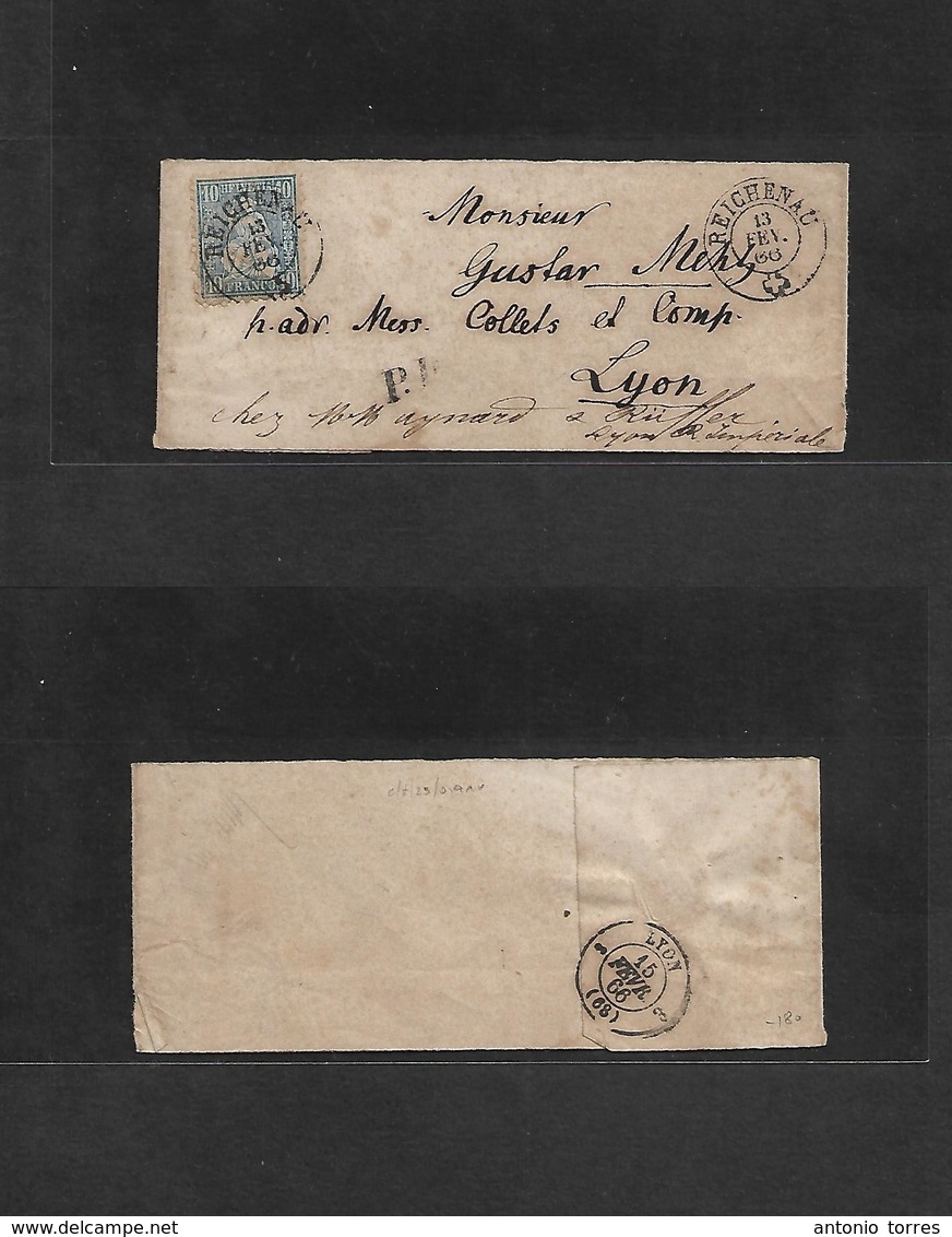 Switzerland. 1866 (13 Feb) Reichenau - France, Lyon (15 Feb) Complete Wrapper Fkd 10c Blue Perf Sitzende Helvetia Tied C - Autres & Non Classés