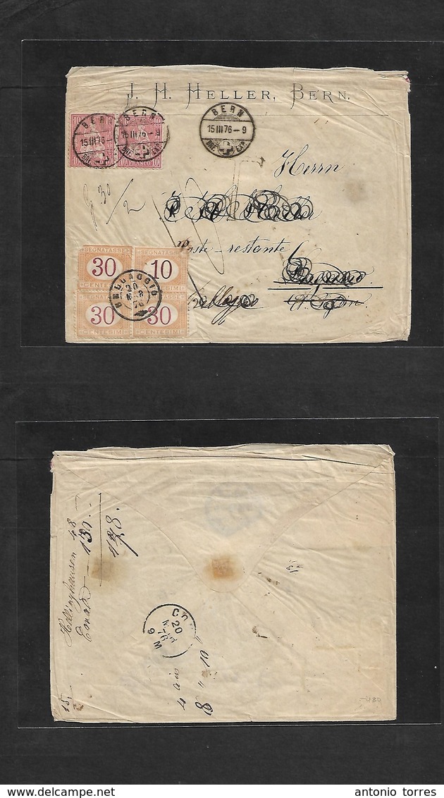 Switzerland. 1875 (15 March) Bern - Italy, Bellaggio (20 March) Fkd Comercial Envelope 10c Rose Pair + Taxed Arrival (x4 - Autres & Non Classés