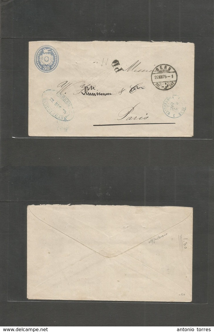 Switzerland - Stationery. 1875 (22 Dec) Bern - France, Paris (23 Dec) 30c Bluish Pigeon Embossed Stat Envelope On Proper - Autres & Non Classés